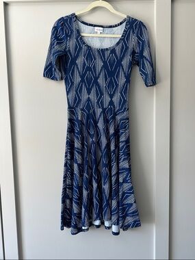 LuLaRoe Blue & White Geometric Fit-and-Flare Midi Dress